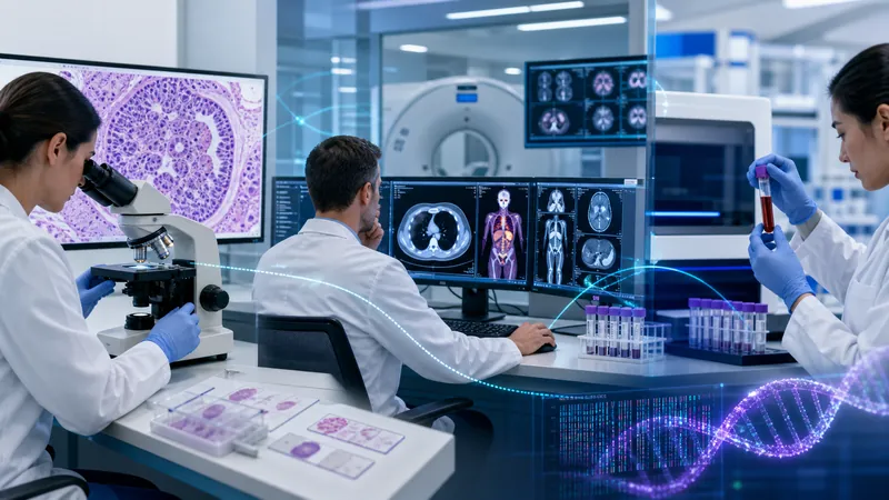 Cancer diagnostic testing team reviewing pathology, imaging, liquid biopsy and genomic biomarker results